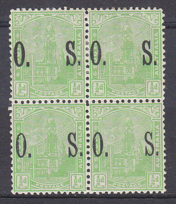 SA Australian States SG O80 ½d yellow-green post office in block of 4 (3 MUH)