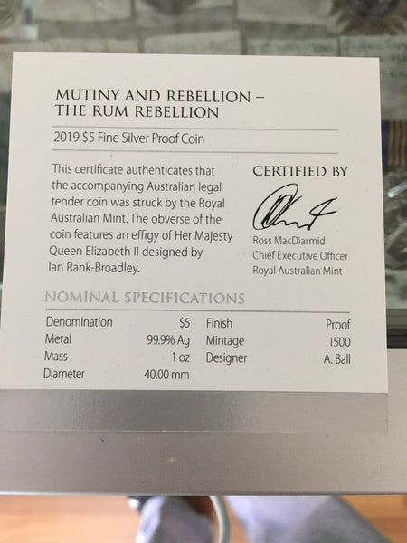 2019 Australia $5 Rum Rebellion Silver Proof Coin