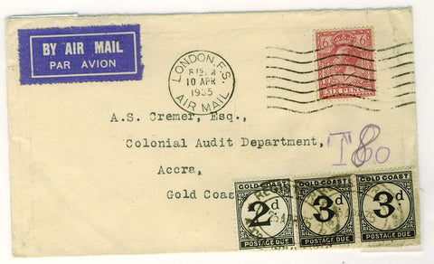 GB Great Britain 6d KGV to Gold Coast postage due airmail cover London- Accra.