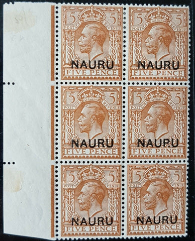 Nauru on GB Great Britain 5D KGV block of 6 with Naupu Error mint SG 9a cert