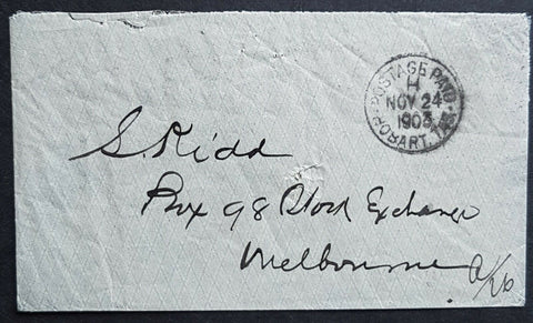 Tasmania 1903 Postage Paid Campbell type 2b. ONLY two known. Spike hole.