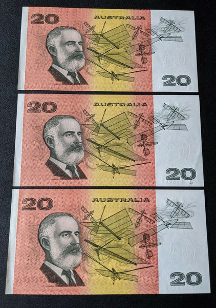R409a Australia $20 Run Of 3. Middle Banknote Missing Serial Numbers On Left.