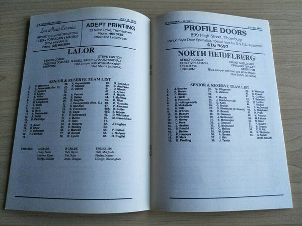 Football 1992 18th July Diamond Valley Football League Football Record Vol. 36, No. 14