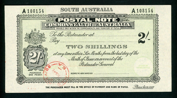 Australia South Australia 2/- Postal Note banknote postal stationery Adelaide