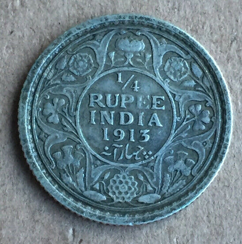 India KGV 1913 1/4 Quarter Silver Rupee. Fine Condition.