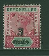 Seychelles 3c on 4c Queen Victoria error Surcharge double SG 15b Mint hinged