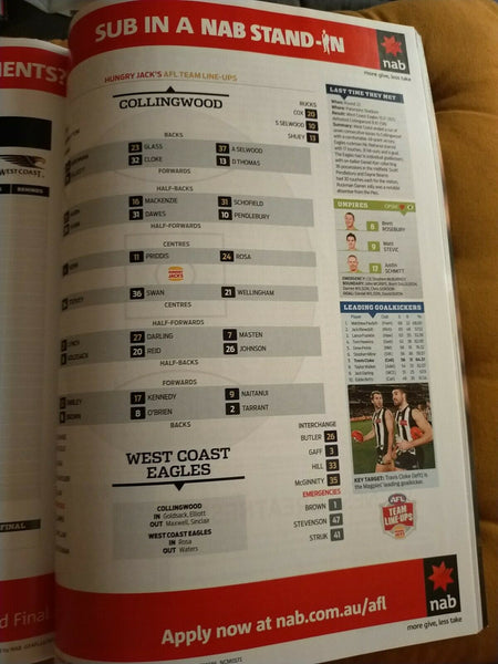 2012 1st Semi Final AFL Football Record Collingwood v West Coast