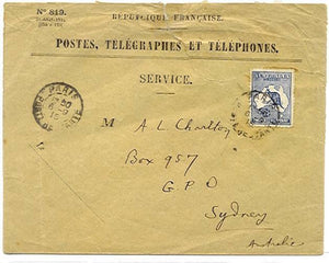Australia 2½d Kangaroo on 1915 Official cover cancelled Paris France to Sydney!!