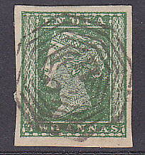 India 1854 2a green used in Burma with very fine B5 Akyab postmark.