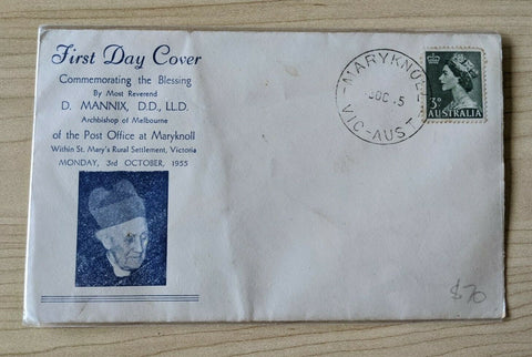 Australia 1955 First Day Cover Archbishop of Melbourne postmarked Maryknoll, a small village, which was a planned Roman Catholic City of God.