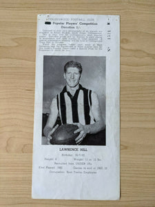 VFL 1964 Collingwood Football Club Popular Players Competition Card, Lawrence Hill. Rare