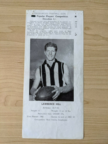 VFL 1964 Collingwood Football Club Popular Players Competition Card, Lawrence Hill. Rare