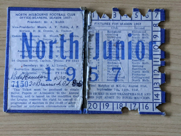 VFL 1957 North Melbourne Kangaroos Junior Season Members Ticket