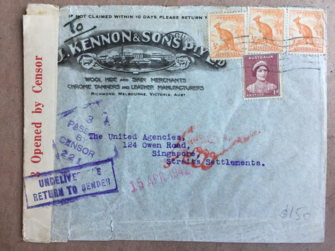 Australia - Straits Settlements Wool Advertising cover ”Opened By Censor” RTS