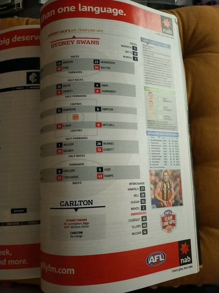 2013 1st Semi Final AFL Football Record Sydney v Carlton