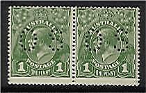 Australia SG 086 1d Sage-green KGV perforated OS, No wmk Pair MUH