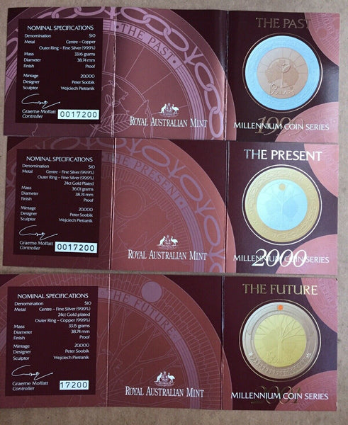 Australia 1999 - 2001 Millennium Past, Present & Future Silver $10 Proof Set Matching no.