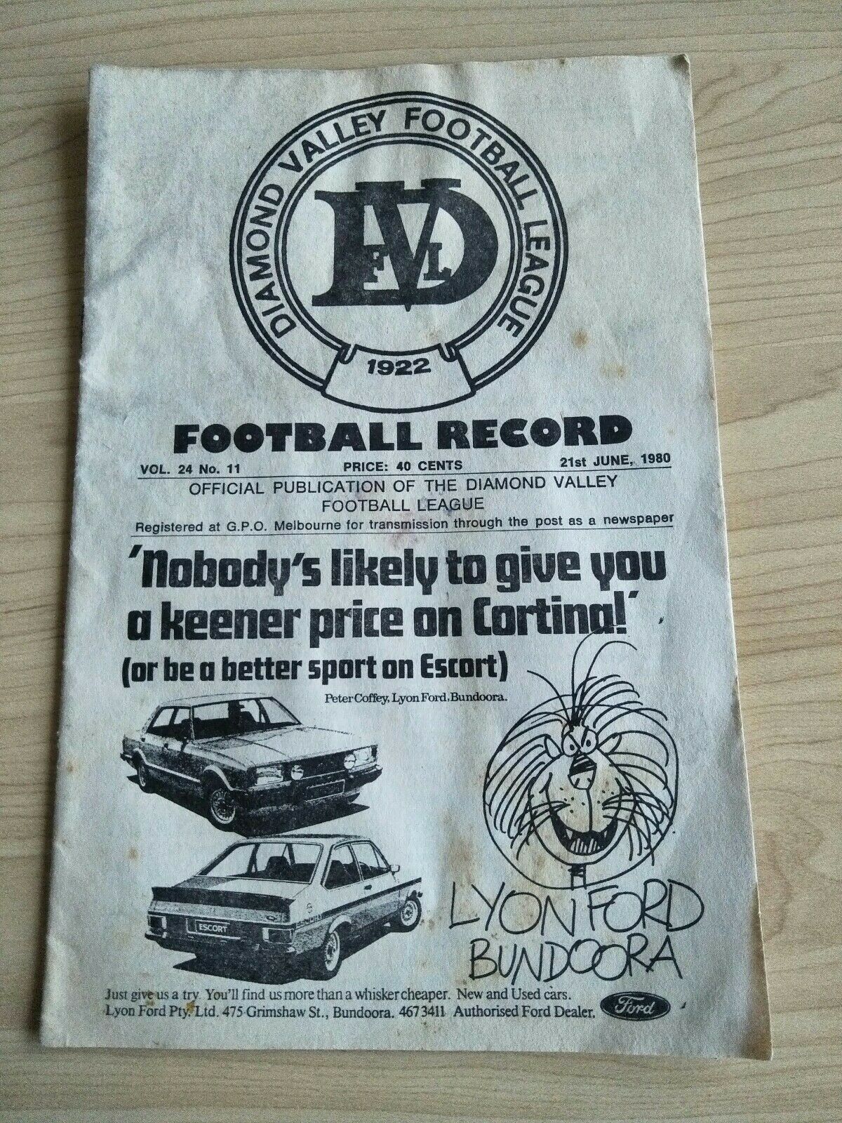 Football 1980 21st June Diamond Valley Football League Football Record Vol. 24, No. 11