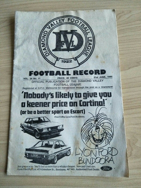 Football 1980 21st June Diamond Valley Football League Football Record Vol. 24, No. 11