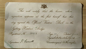 Sydney Harbour Bridge Certificate For Signing Official Visitors Book