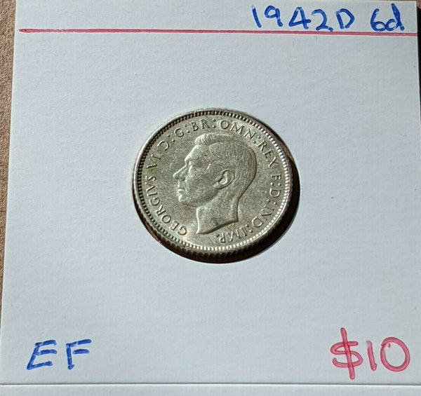 Australia 1942D 6d Sixpence Silver Coin EF