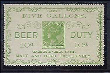 Victoria revenue label 1892 Beer Duty 10d emerald 5 gallons Craig 3.327 Fine MNG