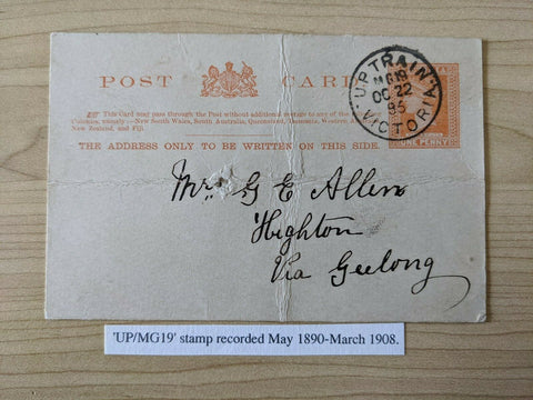 Victoria Postcard sent via train Traveling Post Office MG19 to Geelong.