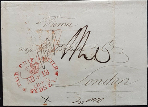 NSW Pre stamp ship letter Sydney Au 18 1843 to London  12 Mr 1844