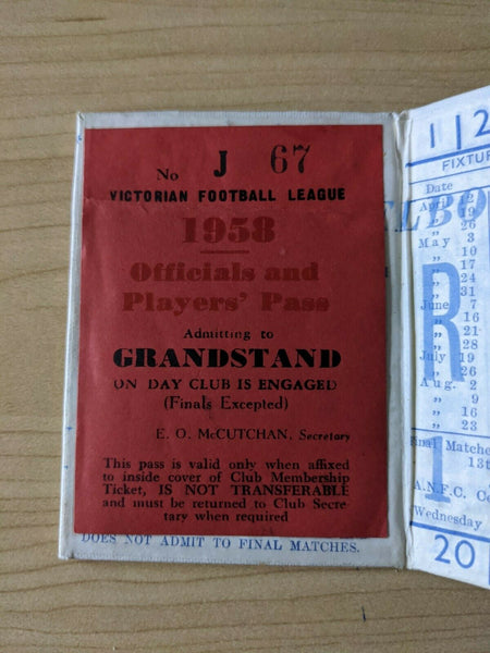 VFL 1958 North Melbourne Kangaroos Patron Member's Season Ticket