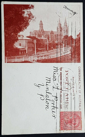 SA South Australia Australian States 1d Postcard Anglican Cathedral -stamp added