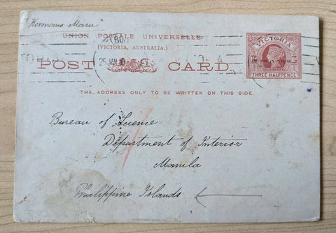 Victoria Three Halfpence UPU Post Card sent to Bureau of Science Manila PC19