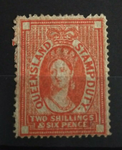 Qld Australian States SG F29 1871/2 Stamp Duty 2/6d Vermilion Blue Burele Stamp