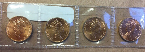 Australia 1987-90 Royal Australian Mint Uncirculated One Cent.  (4 Coins)