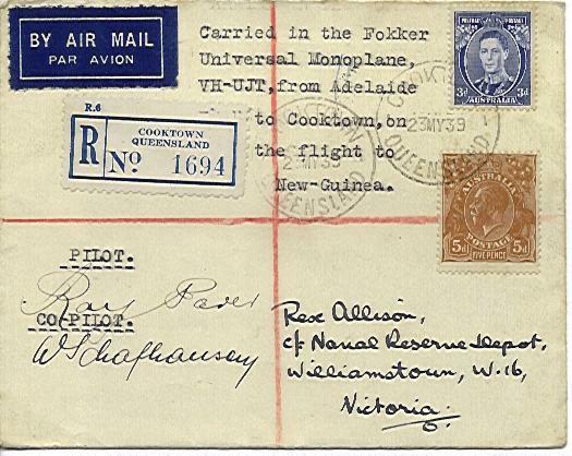Australia Eustis 851a First Flight Adelaide-Cooktown Signed Parer +Schaffhausen