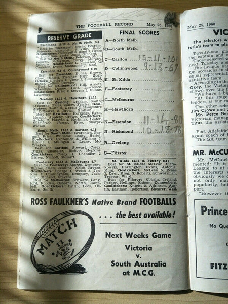 VFL 1968 May 25 Football Record Carlton v Collingwood