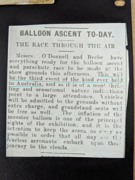 Australia 1908 Balloon Flight Toowoomba with Newspaper Cuttings Believed Unique