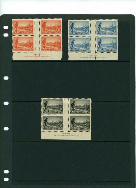 Australia SG 147-9 Victorian Centenary Set P10½ Imprint blocks of 4 MUH stamps