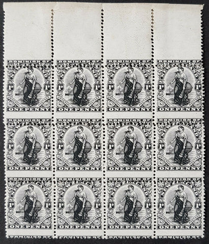 NZ New Zealand 1d Universal Black Plate Proof BLOCK OF 12 on watermarked paper