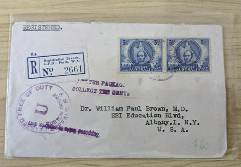 Australia Registered Cover Perth WA to Albany USA Mitchell 3d Pair Stamps