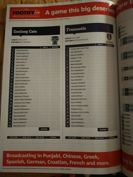 2013 2nd Qualifying Final AFL Football Record Geelong v Fremantle