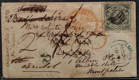 NSW- GB 6d diadem SG 90 entire Sydney 29-11-1853 to Bristol and redirected twice