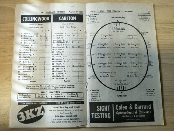 VFL 1968 August 17 Football Record Collingwood v Carlton