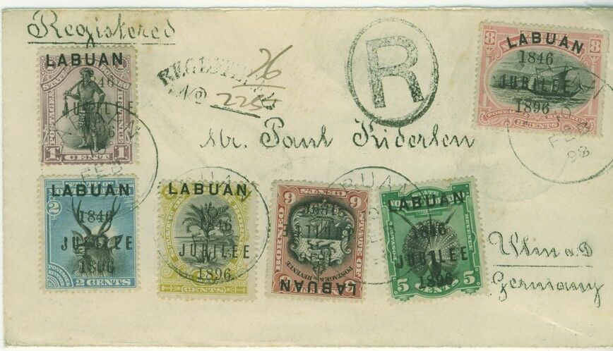 Labuan North Borneo Malayan States 1898 Jubilee overprints Registered to Germany