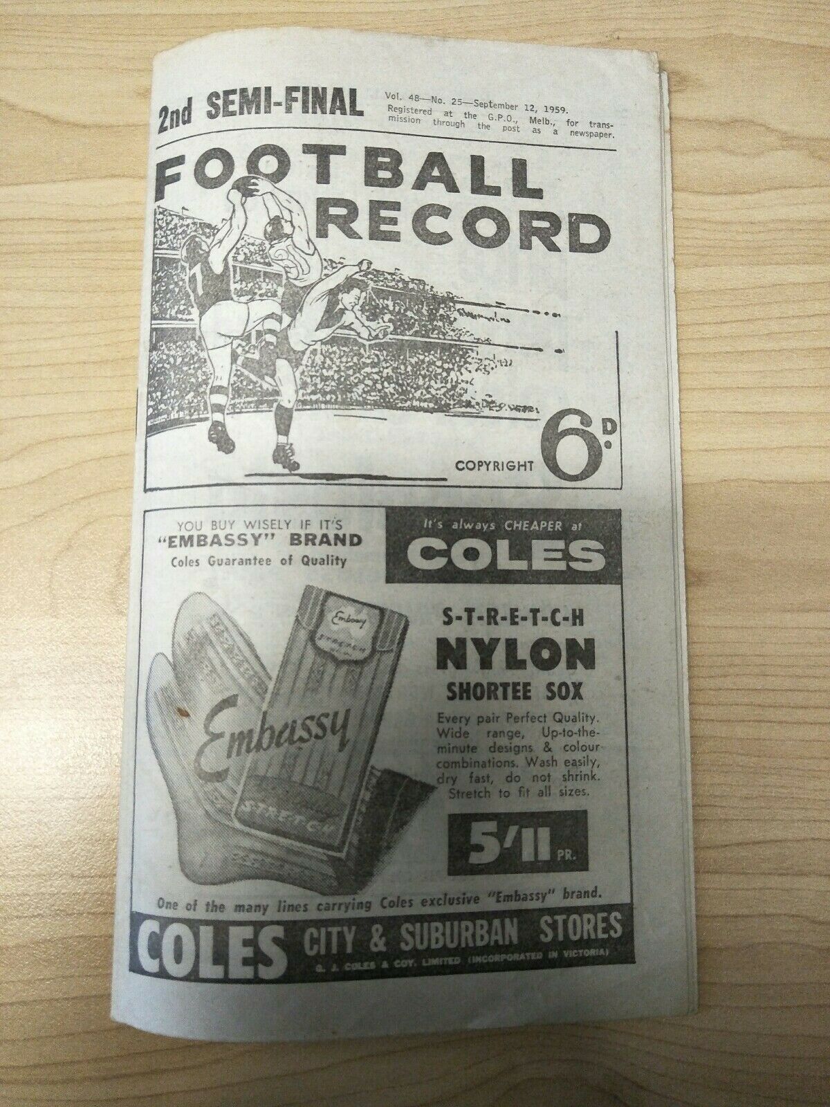 VFL 1959 September 12 Football Record 2nd Semi Final Melbourne v Carlton