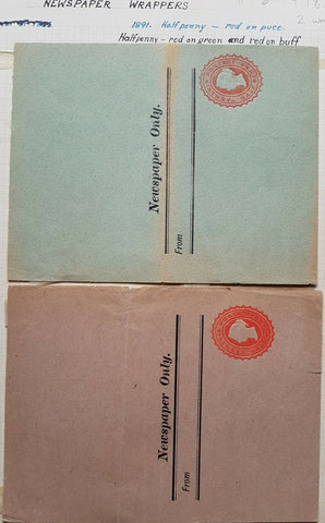 Tasmania ½d red + ½d red/ puce Newspaper Wrappers. Splits, toning but scarce. M