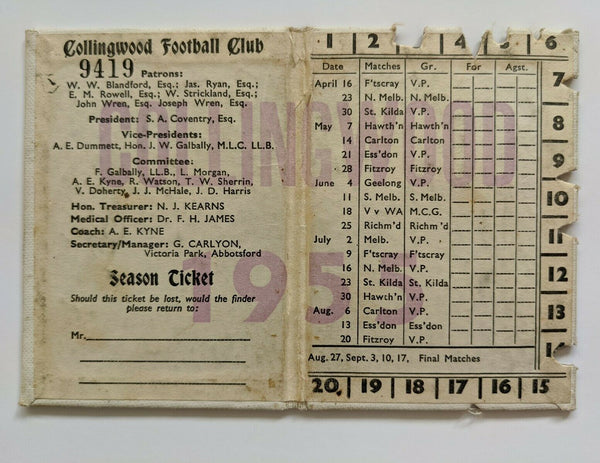 VFL 1955 Collingwood Football Club Season Members Ticket No. 9419