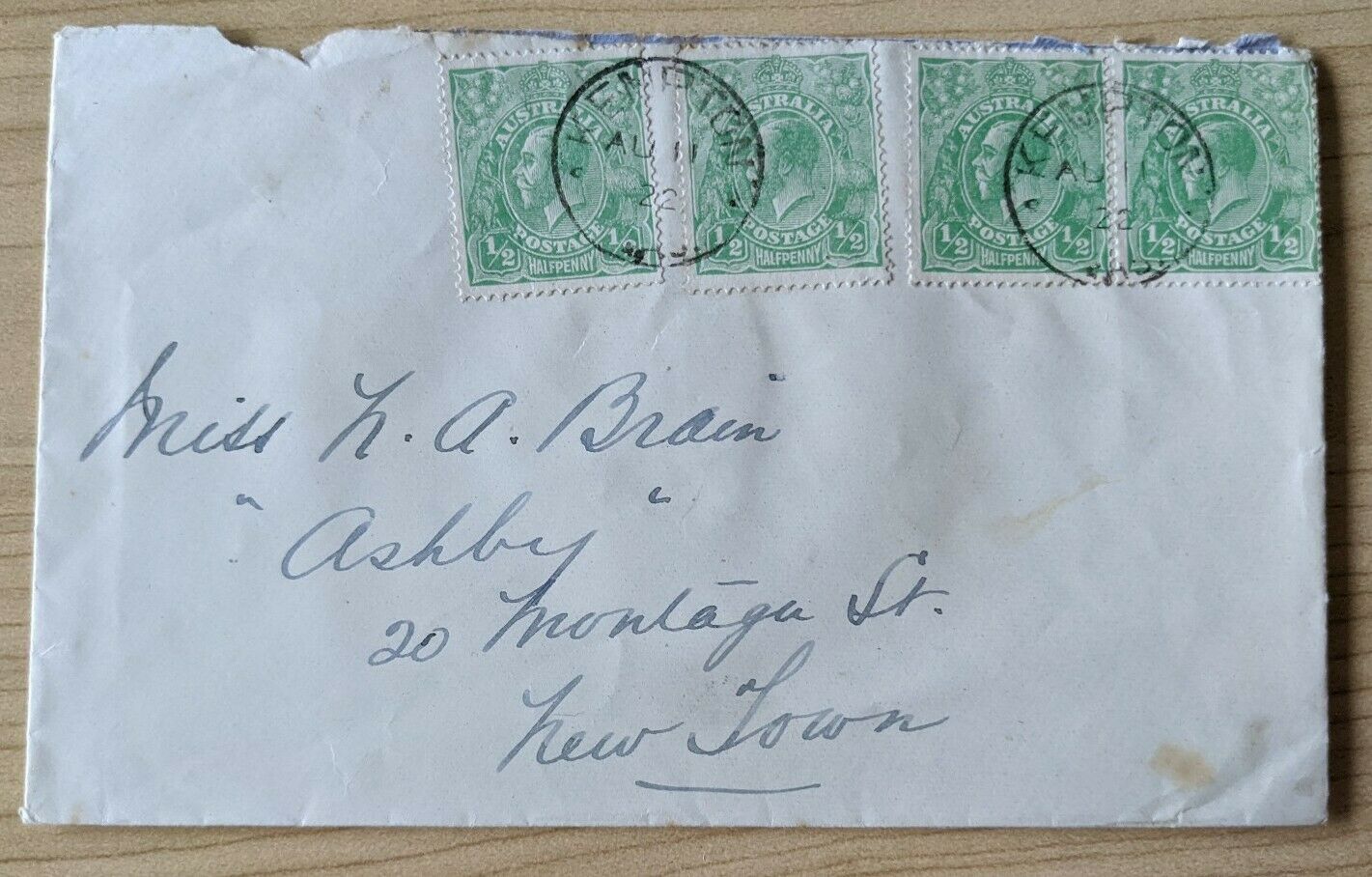 Australia Tasmania Kempton to New Town Cover 4 Halfpenny Green KGV Stamps