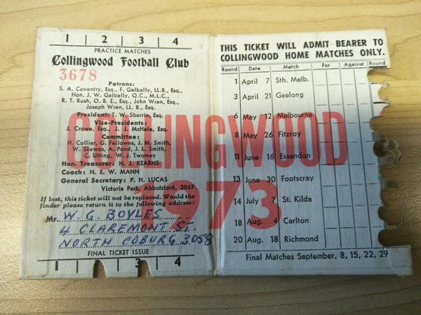 VFL 1973 Collingwood Football Club Season Ticket No. 3678