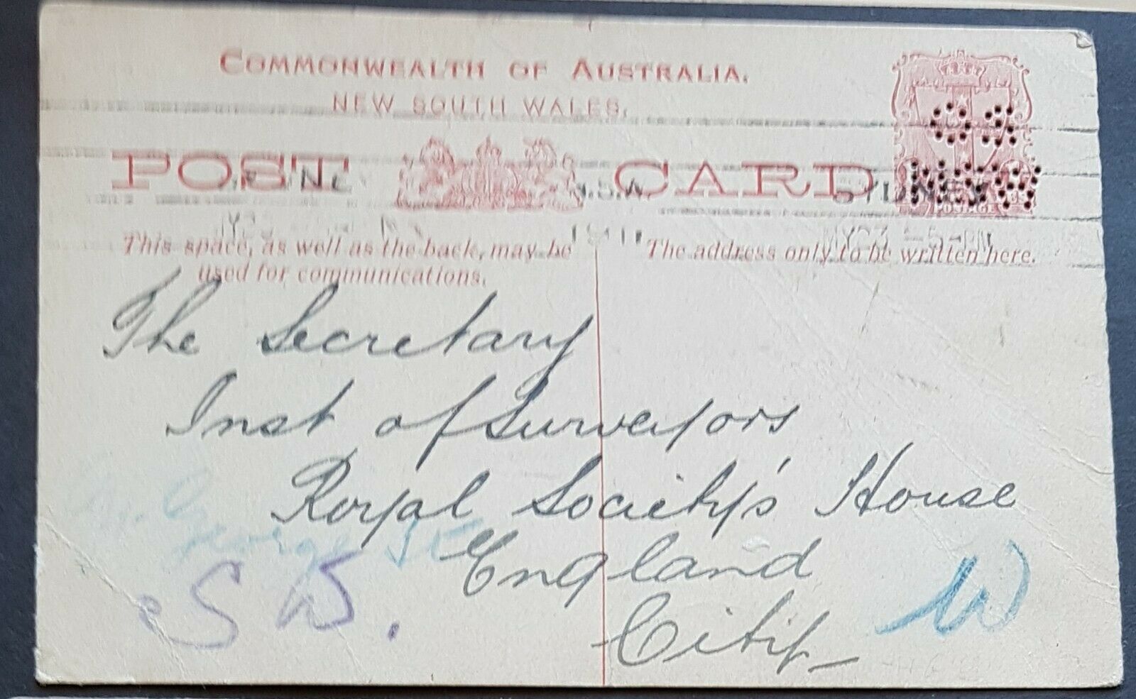 NSW Australia 1d Arms Post Card perforated OS from Museum similar to HG 30 used