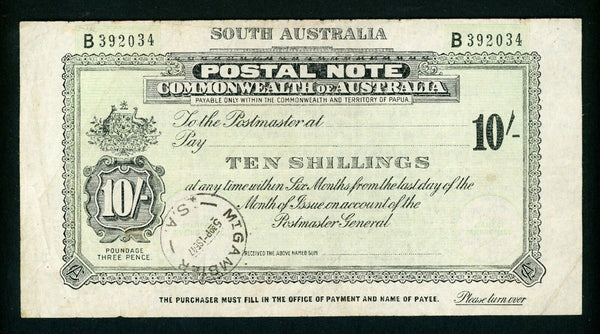 Australia South Australia10/-  Postal Note banknote postal stationery Mt Gambier